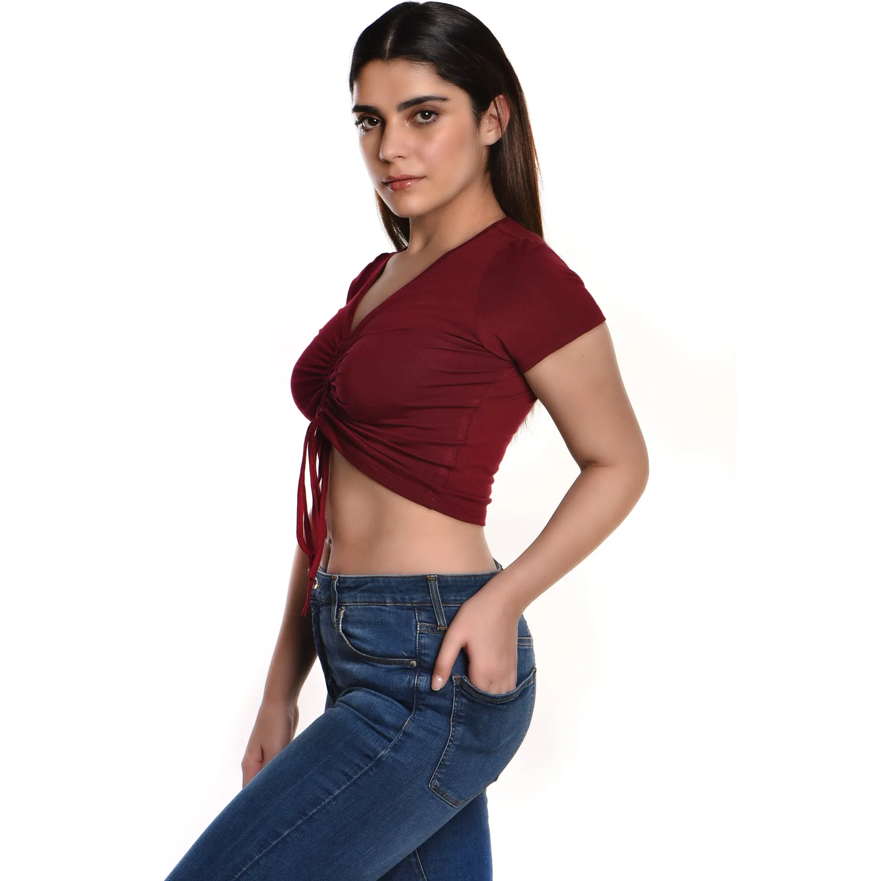 Rayon Ruched Drawstring Front V Neck Crop Top Style Blouse
