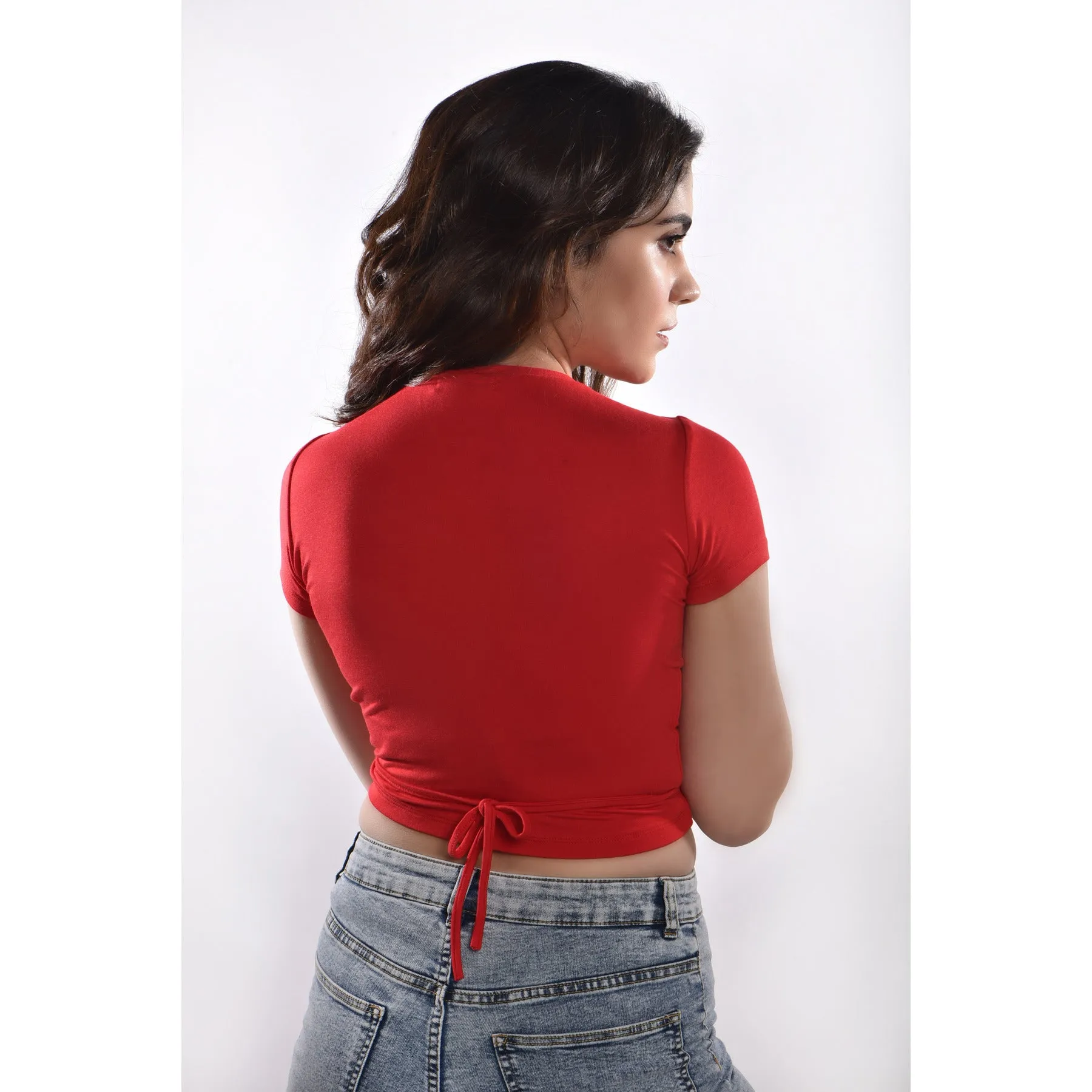 Rayon Ruched Drawstring Front V Neck Crop Top Style Blouse