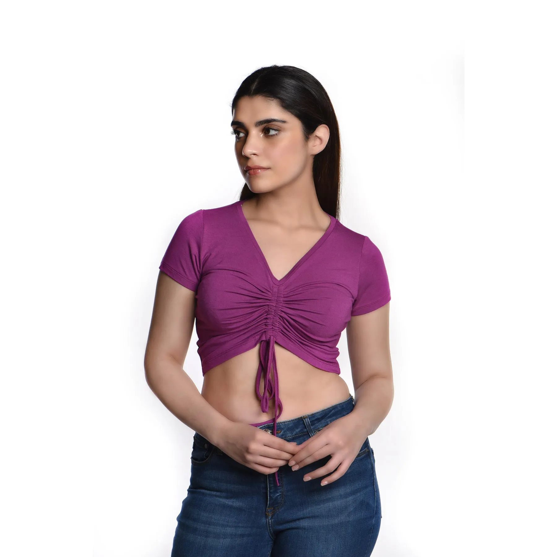Rayon Ruched Drawstring Front V Neck Crop Top Style Blouse
