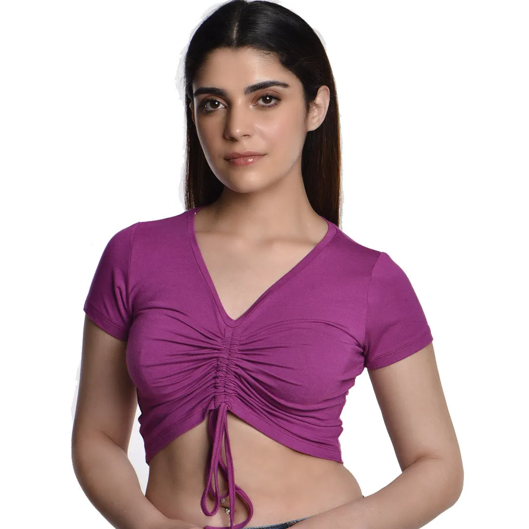 Rayon Ruched Drawstring Front V Neck Crop Top Style Blouse