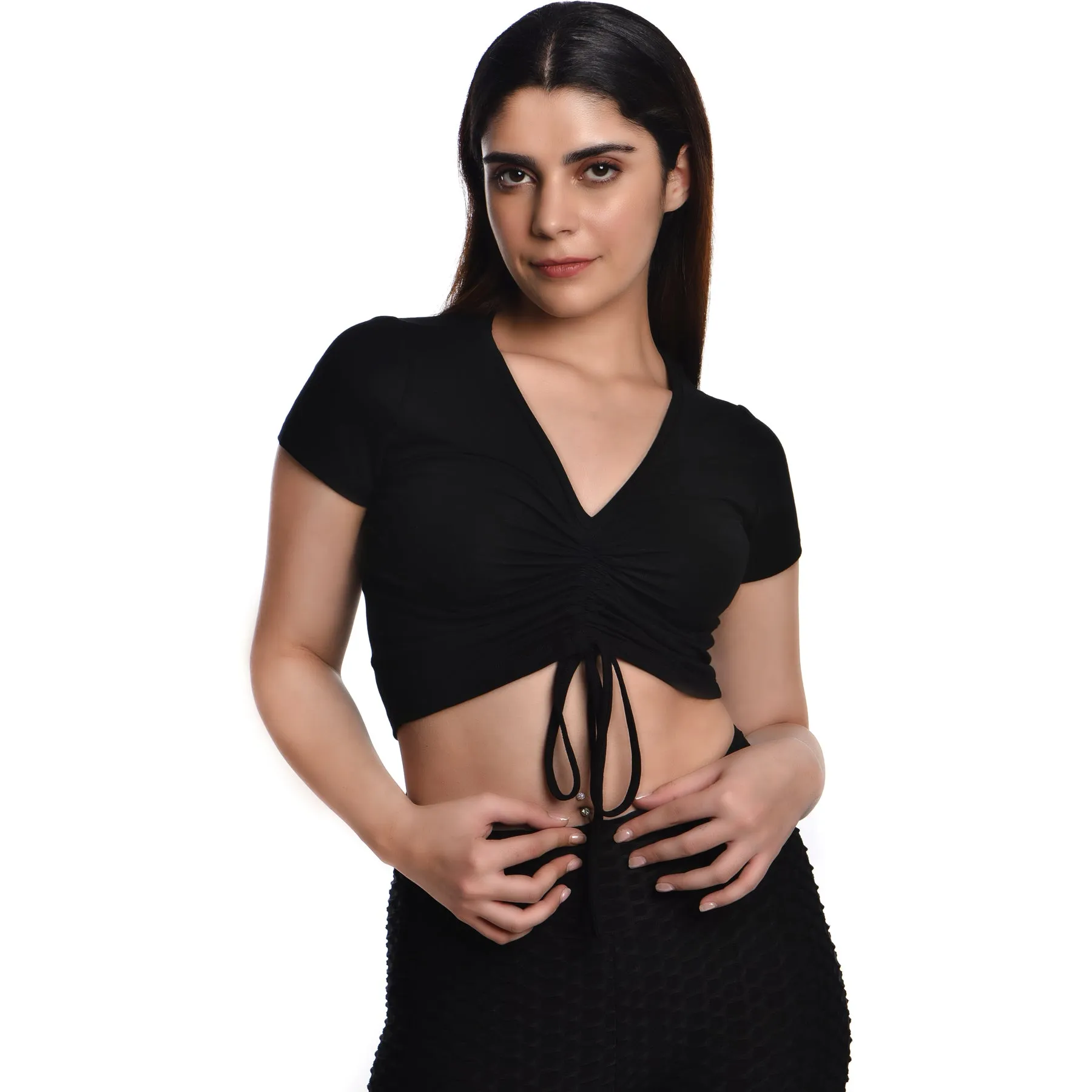 Rayon Ruched Drawstring Front V Neck Crop Top Style Blouse