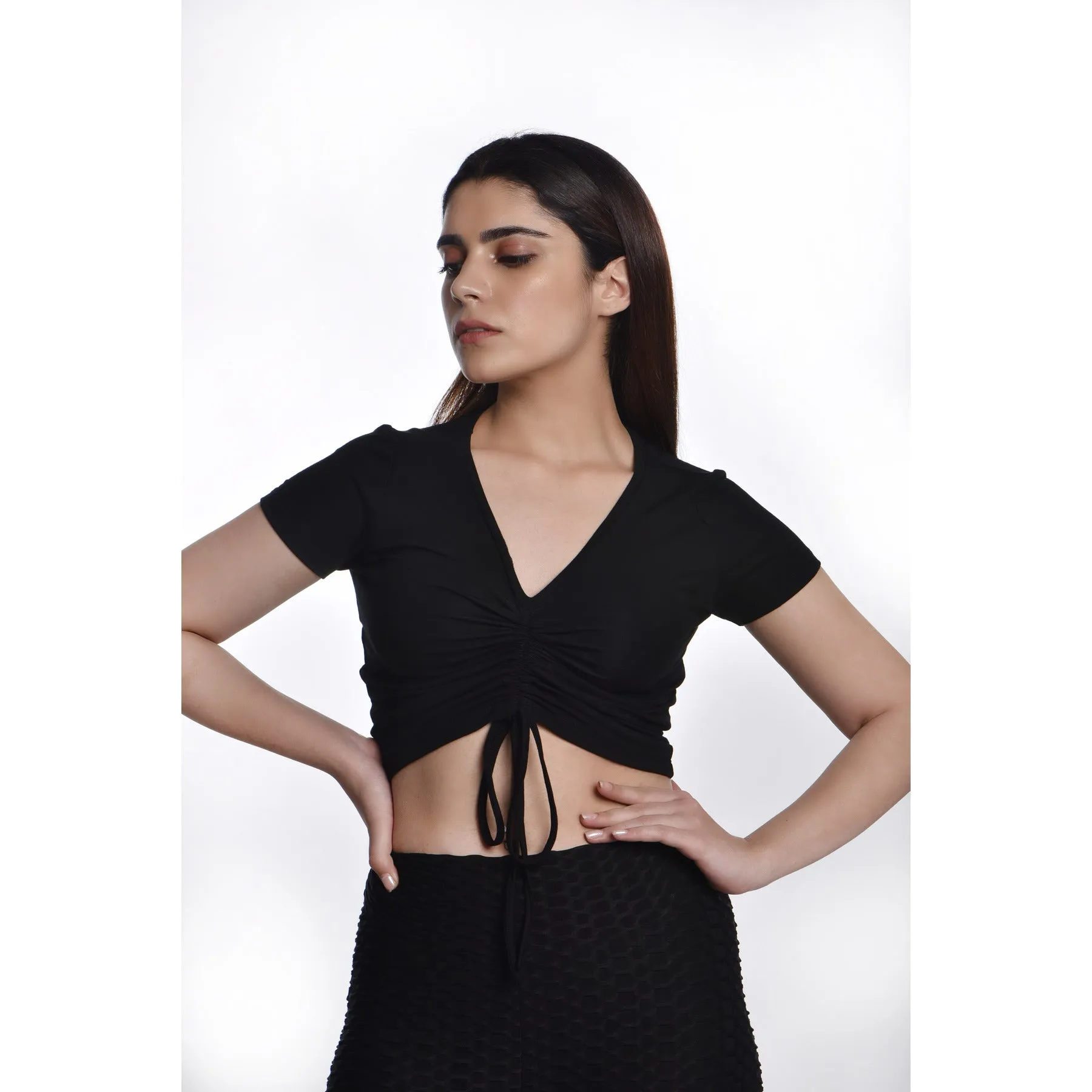 Rayon Ruched Drawstring Front V Neck Crop Top Style Blouse