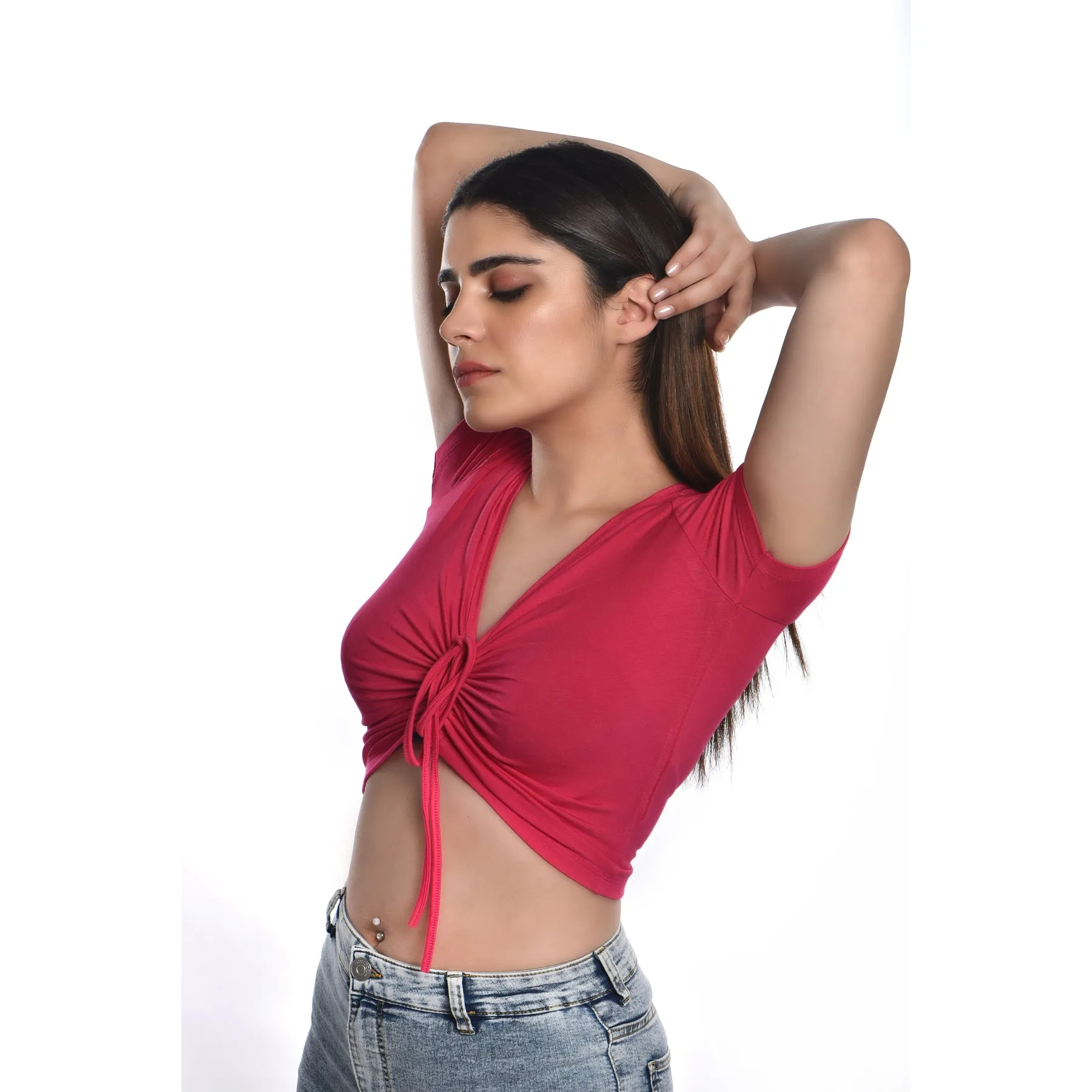 Rayon Ruched Drawstring Front V Neck Crop Top Style Blouse