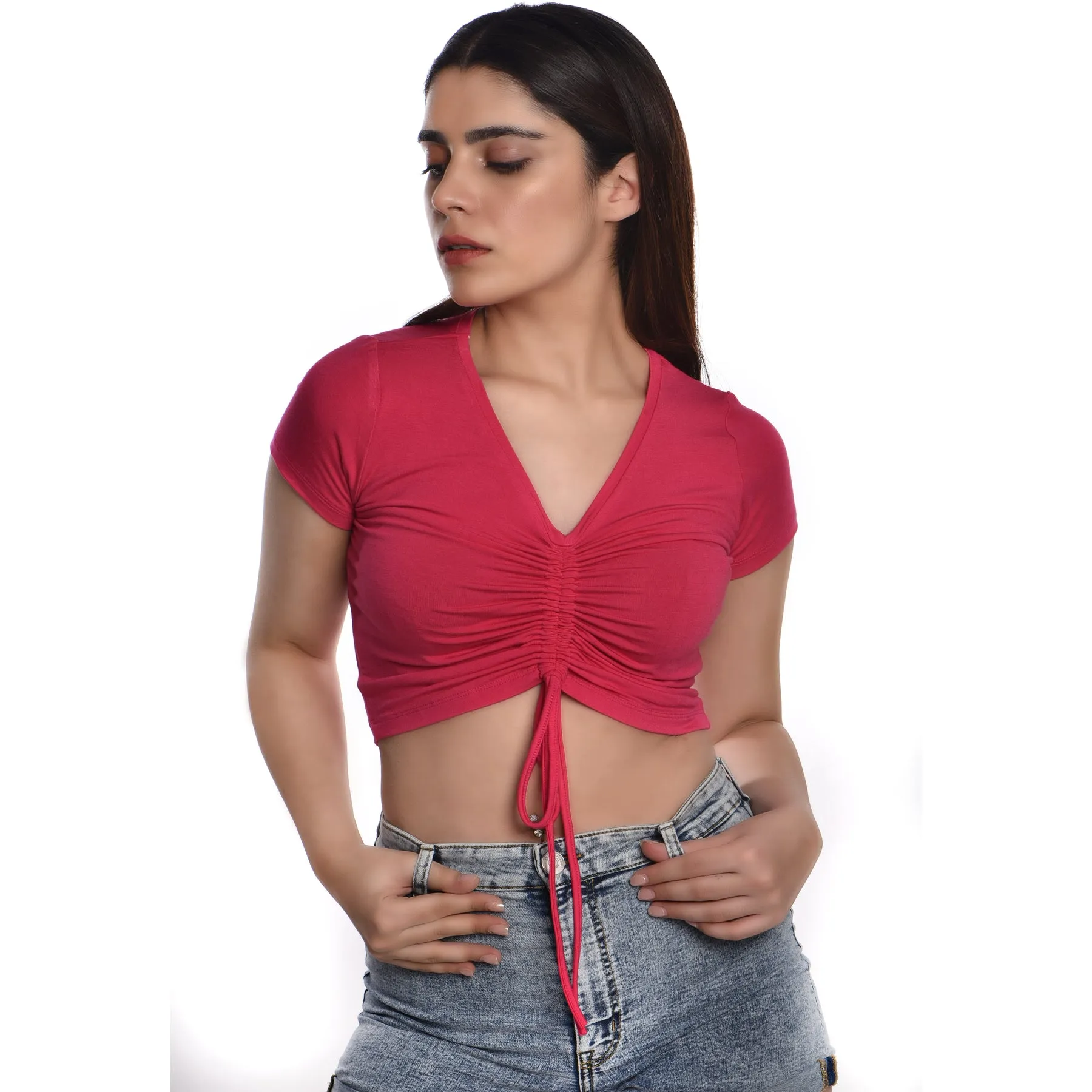 Rayon Ruched Drawstring Front V Neck Crop Top Style Blouse