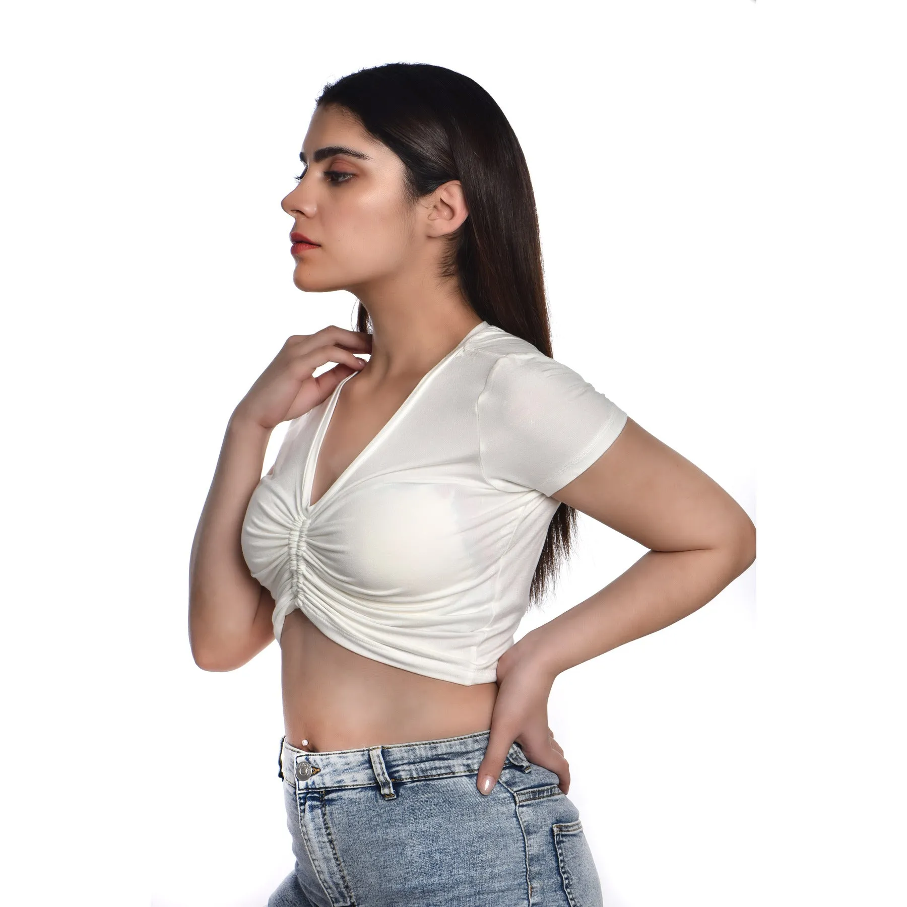 Rayon Ruched Drawstring Front V Neck Crop Top Style Blouse