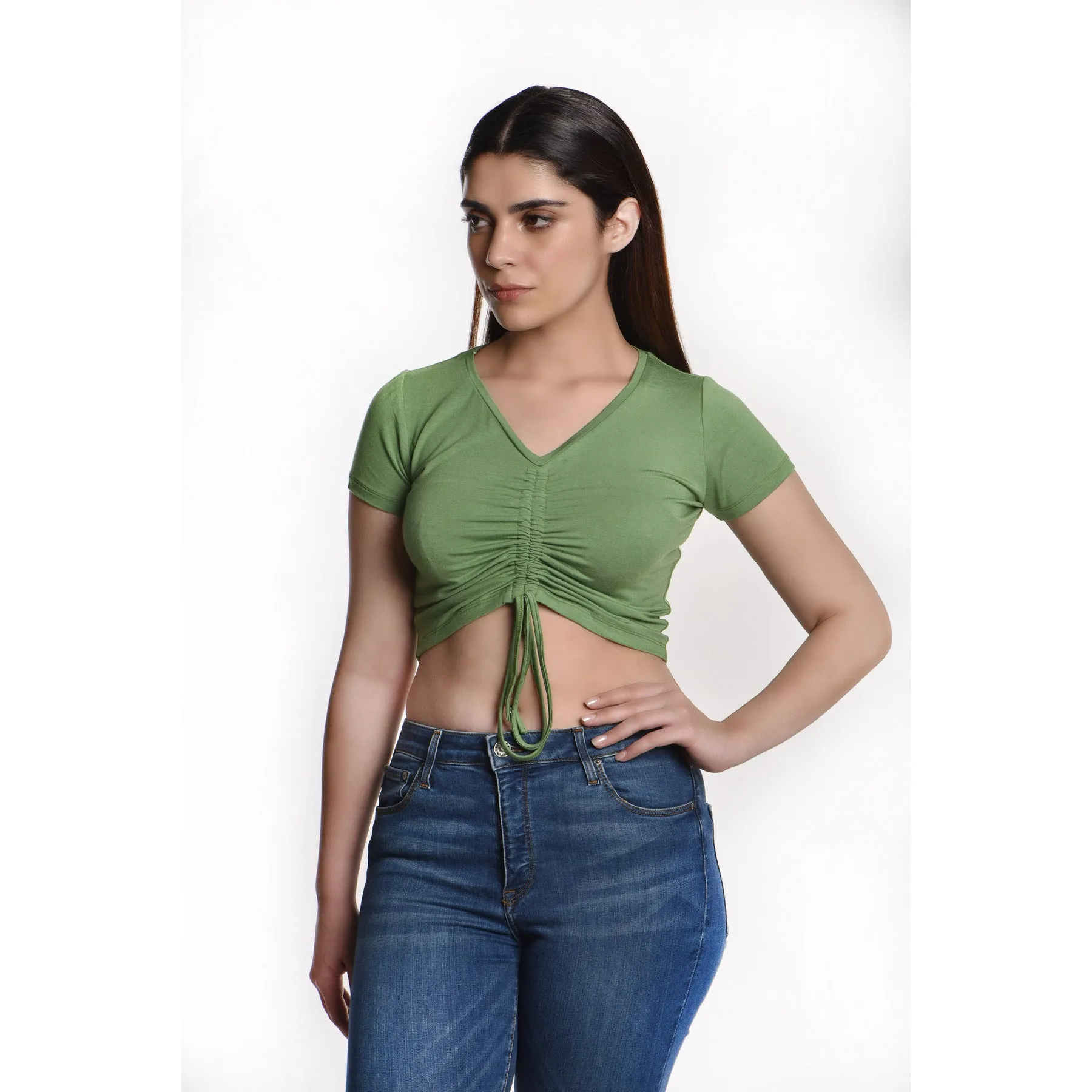 Rayon Ruched Drawstring Front V Neck Crop Top Style Blouse