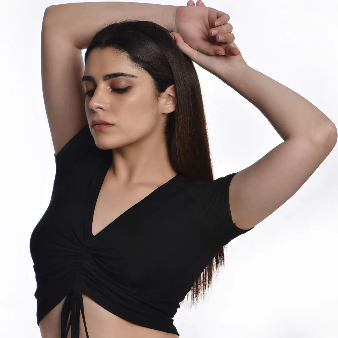 Rayon Ruched Drawstring Front V Neck Crop Top Style Blouse