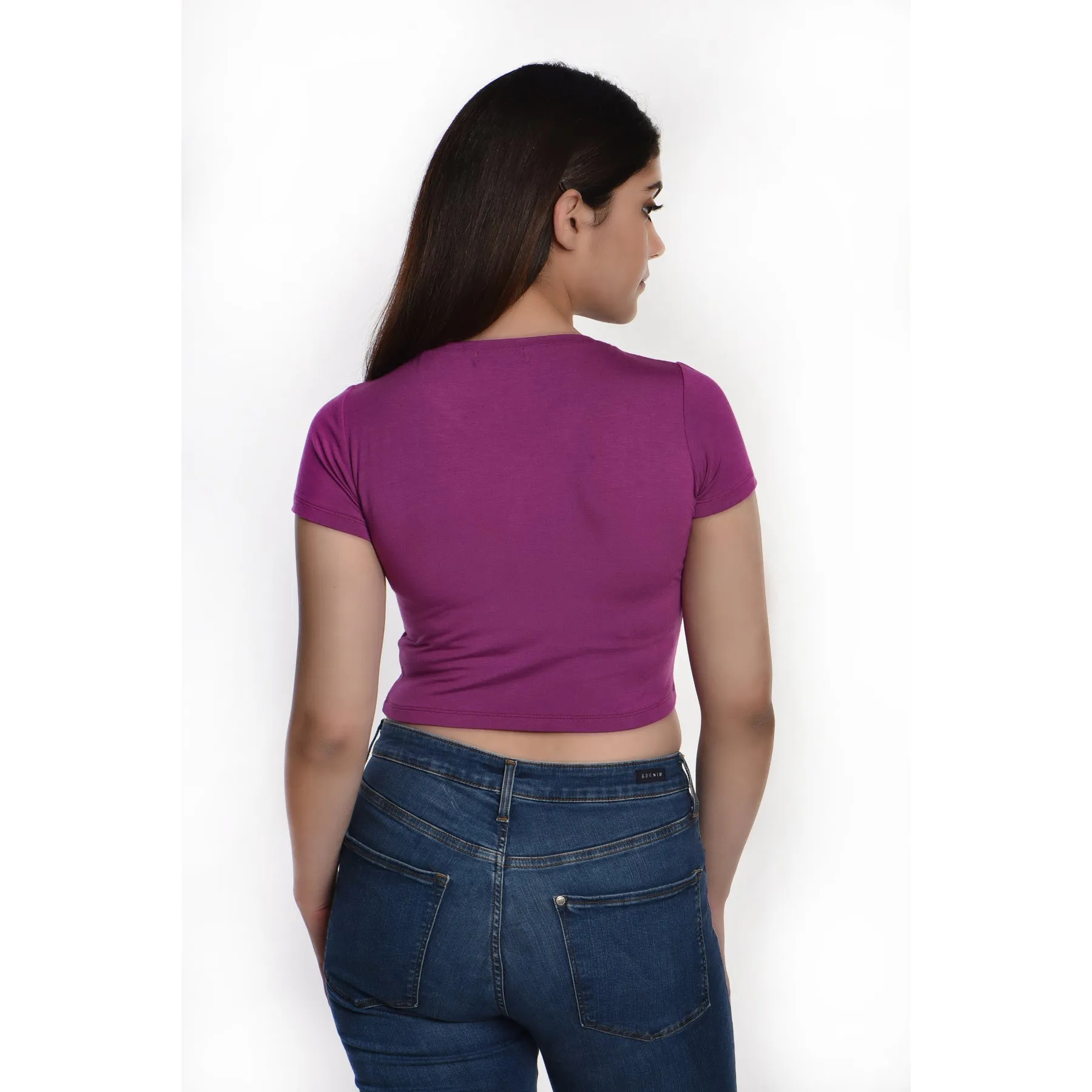 Rayon Ruched Drawstring Front V Neck Crop Top Style Blouse