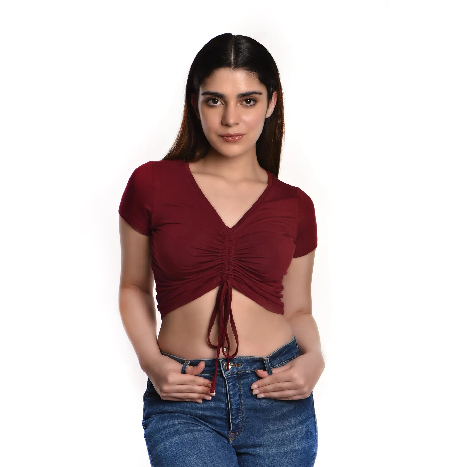Rayon Ruched Drawstring Front V Neck Crop Top Style Blouse