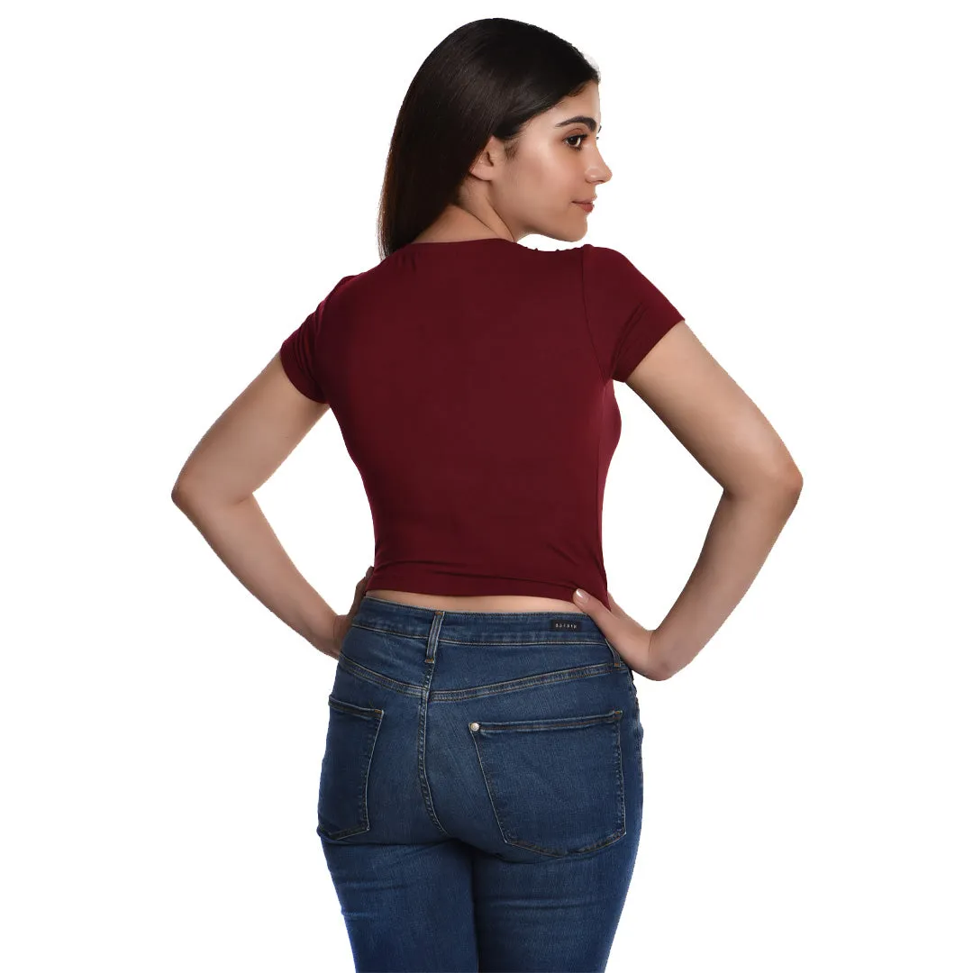 Rayon Ruched Drawstring Front V Neck Crop Top Style Blouse