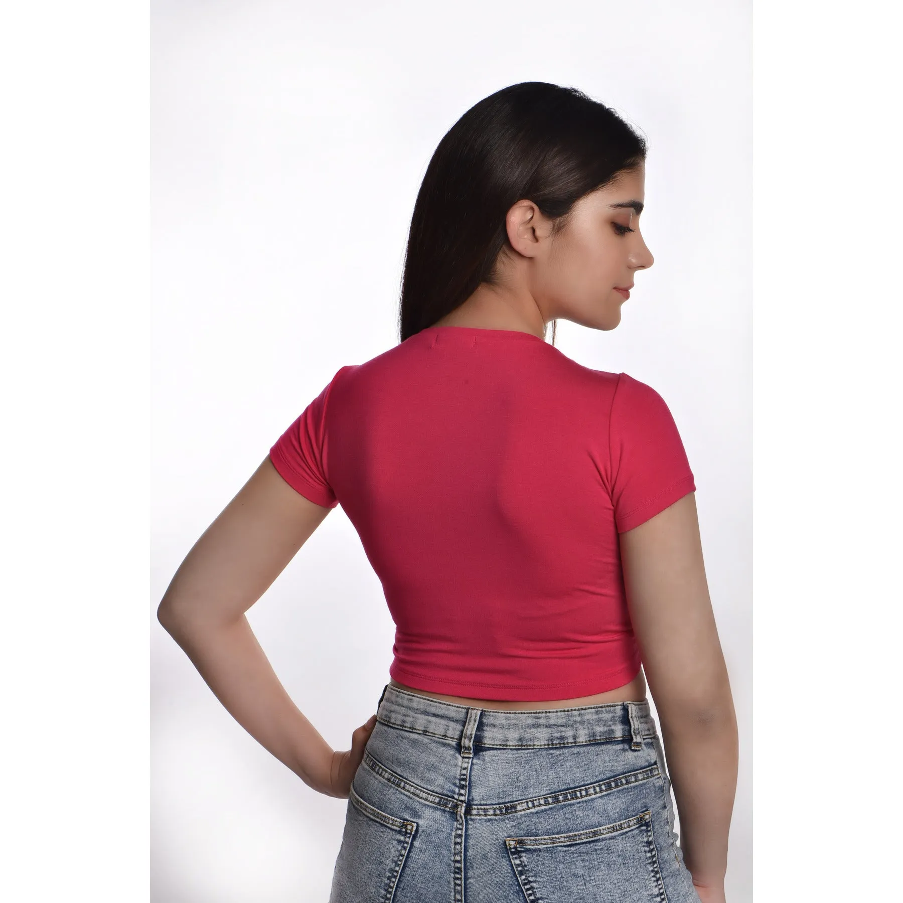 Rayon Ruched Drawstring Front V Neck Crop Top Style Blouse