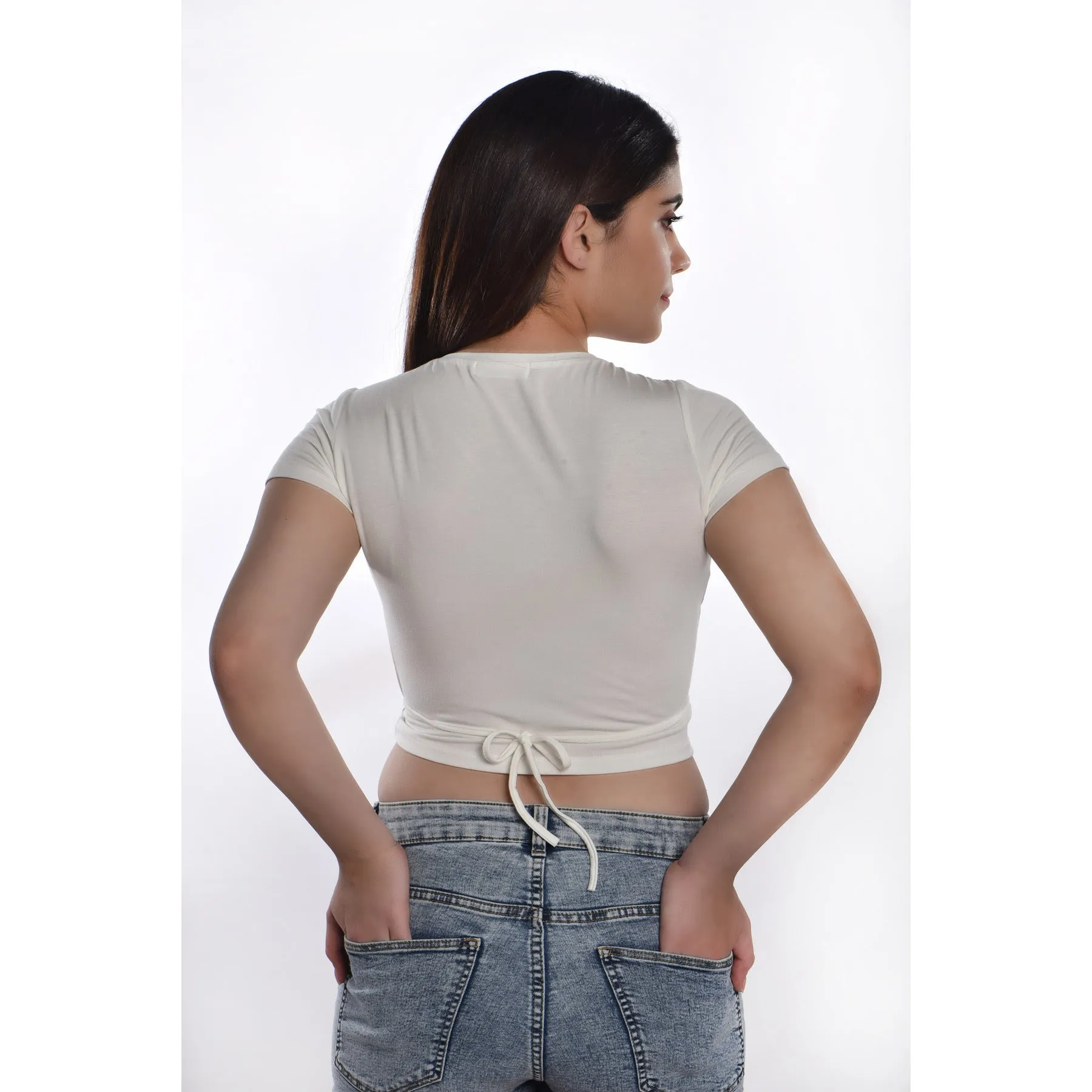 Rayon Ruched Drawstring Front V Neck Crop Top Style Blouse