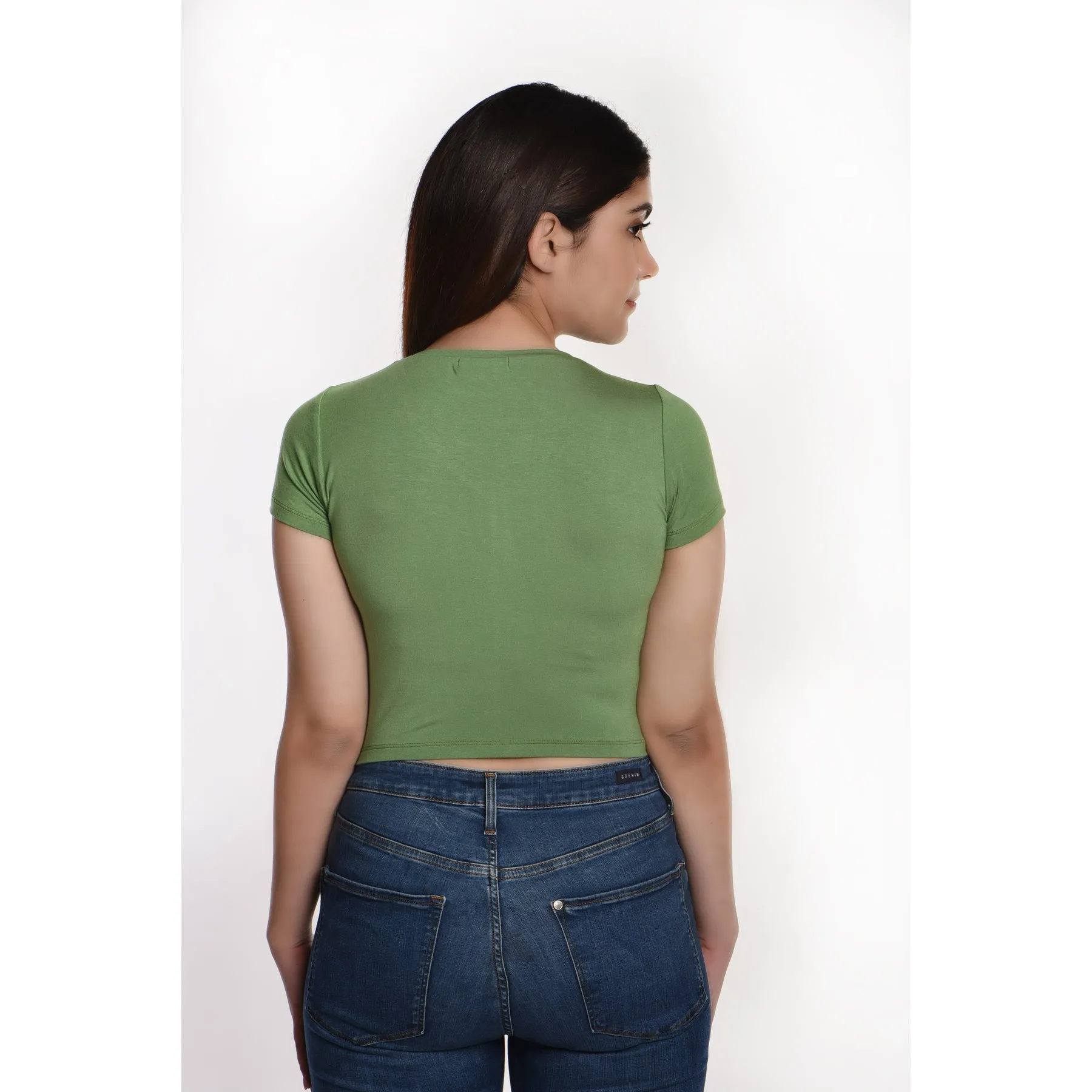 Rayon Ruched Drawstring Front V Neck Crop Top Style Blouse