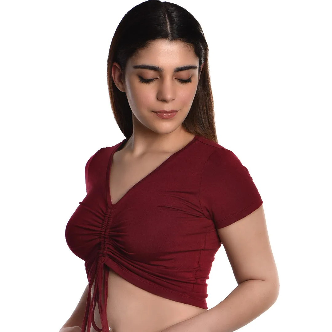 Rayon Ruched Drawstring Front V Neck Crop Top Style Blouse