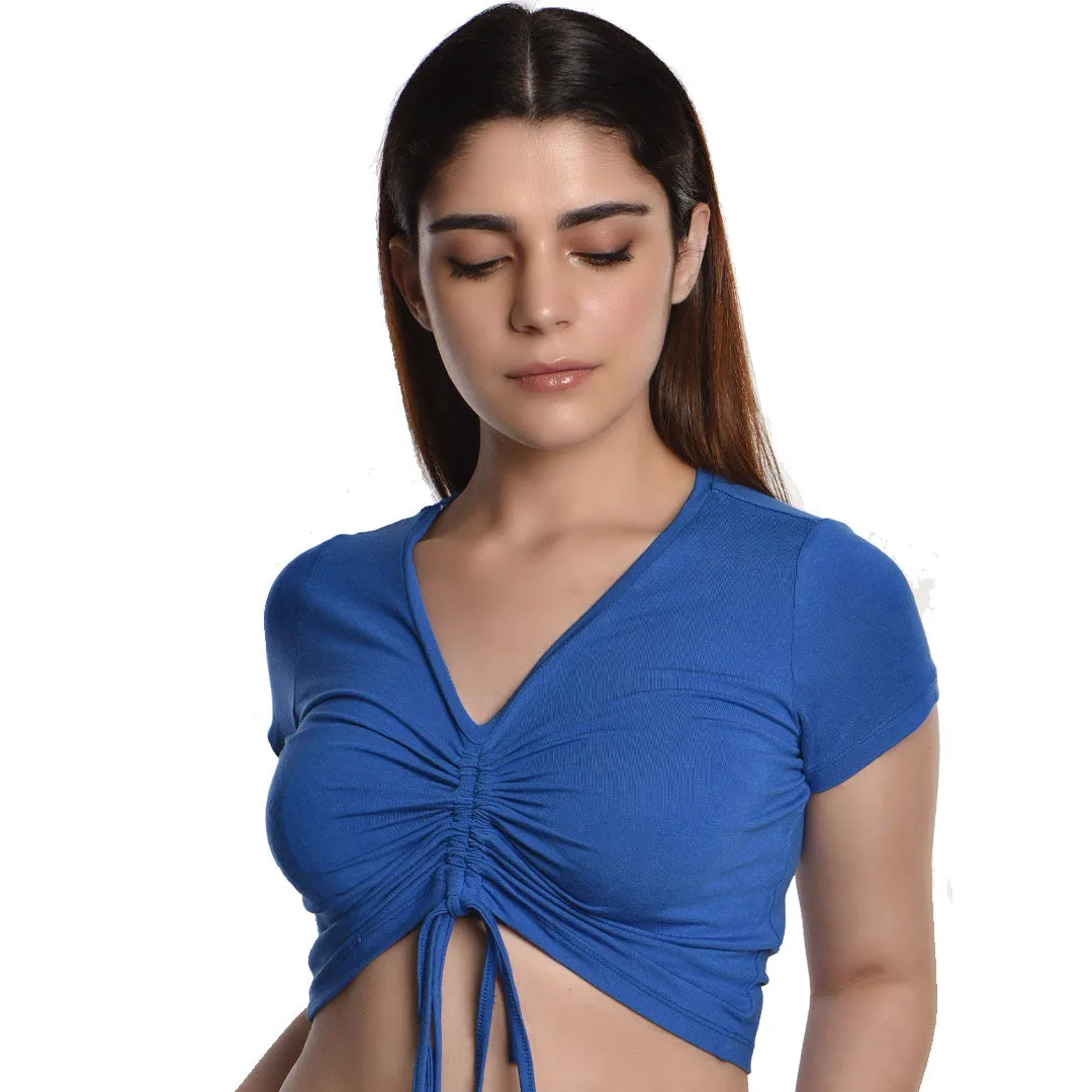 Rayon Ruched Drawstring Front V Neck Crop Top Style Blouse