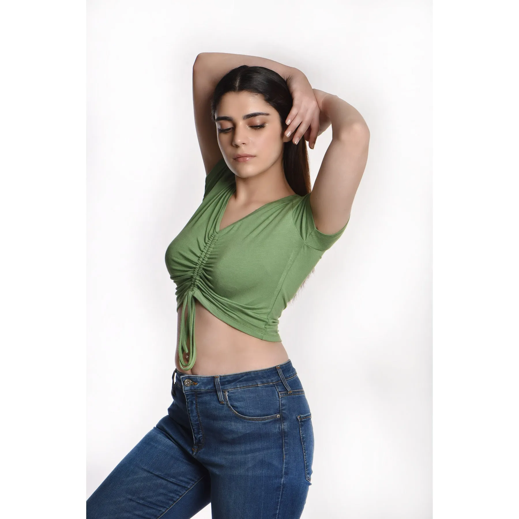 Rayon Ruched Drawstring Front V Neck Crop Top Style Blouse