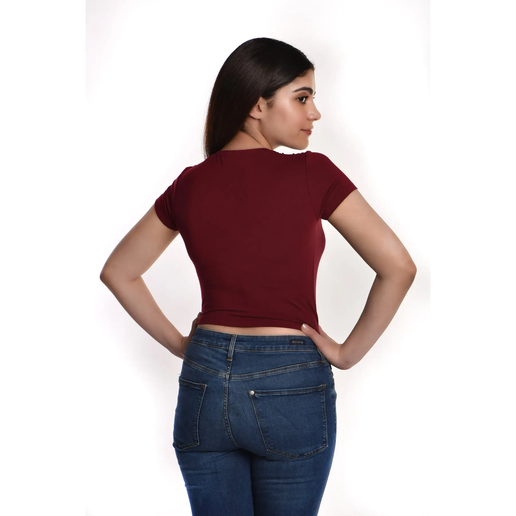 Rayon Ruched Drawstring Front V Neck Crop Top Style Blouse