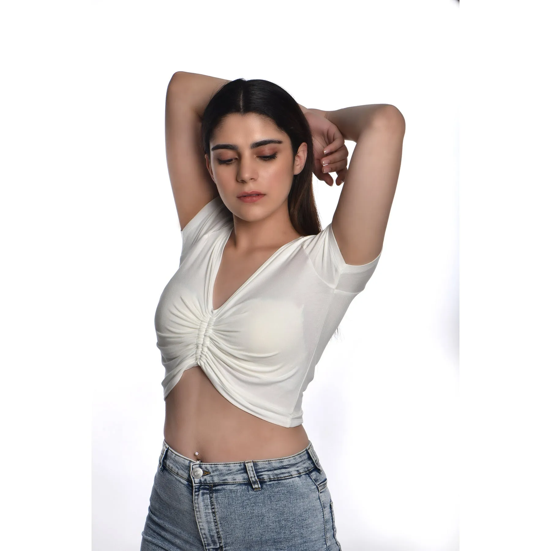 Rayon Ruched Drawstring Front V Neck Crop Top Style Blouse