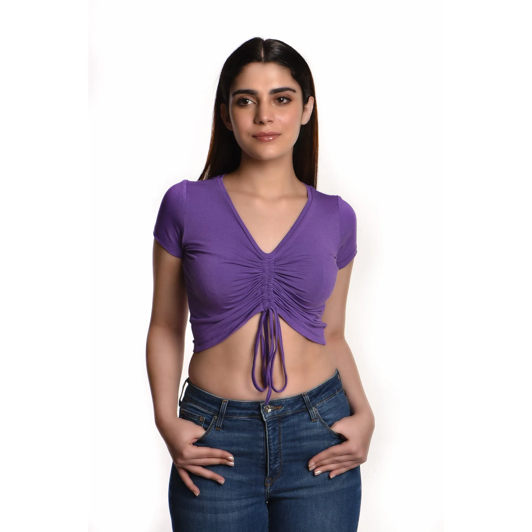 Rayon Ruched Drawstring Front V Neck Crop Top Style Blouse