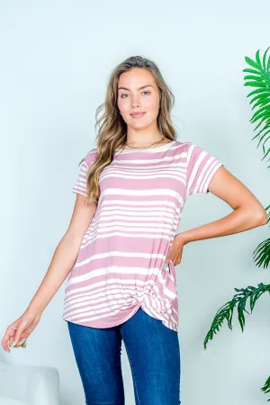 Relaxed Fit Short Sleeve Striped T-Shirt Top with Asymmetrical Gathered Twist at Hem (HT8438)