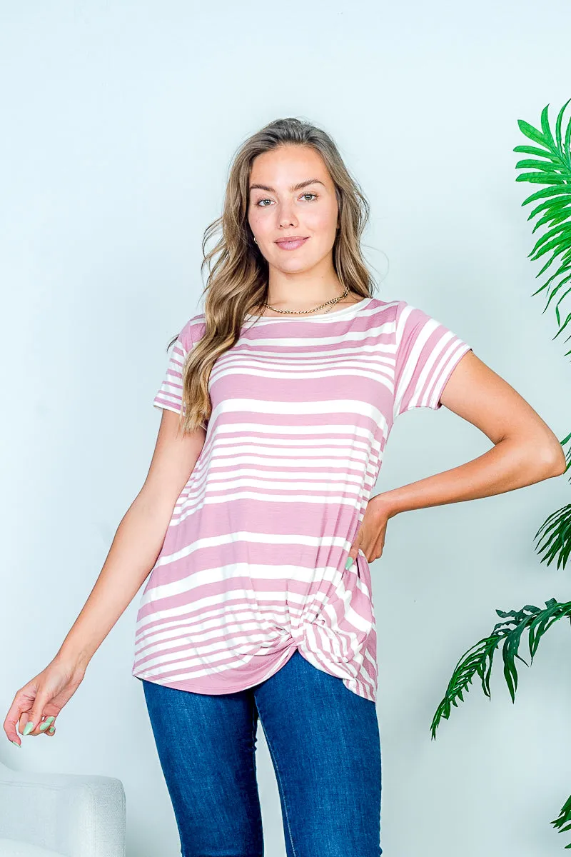 Relaxed Fit Short Sleeve Striped T-Shirt Top with Asymmetrical Gathered Twist at Hem (HT8438)
