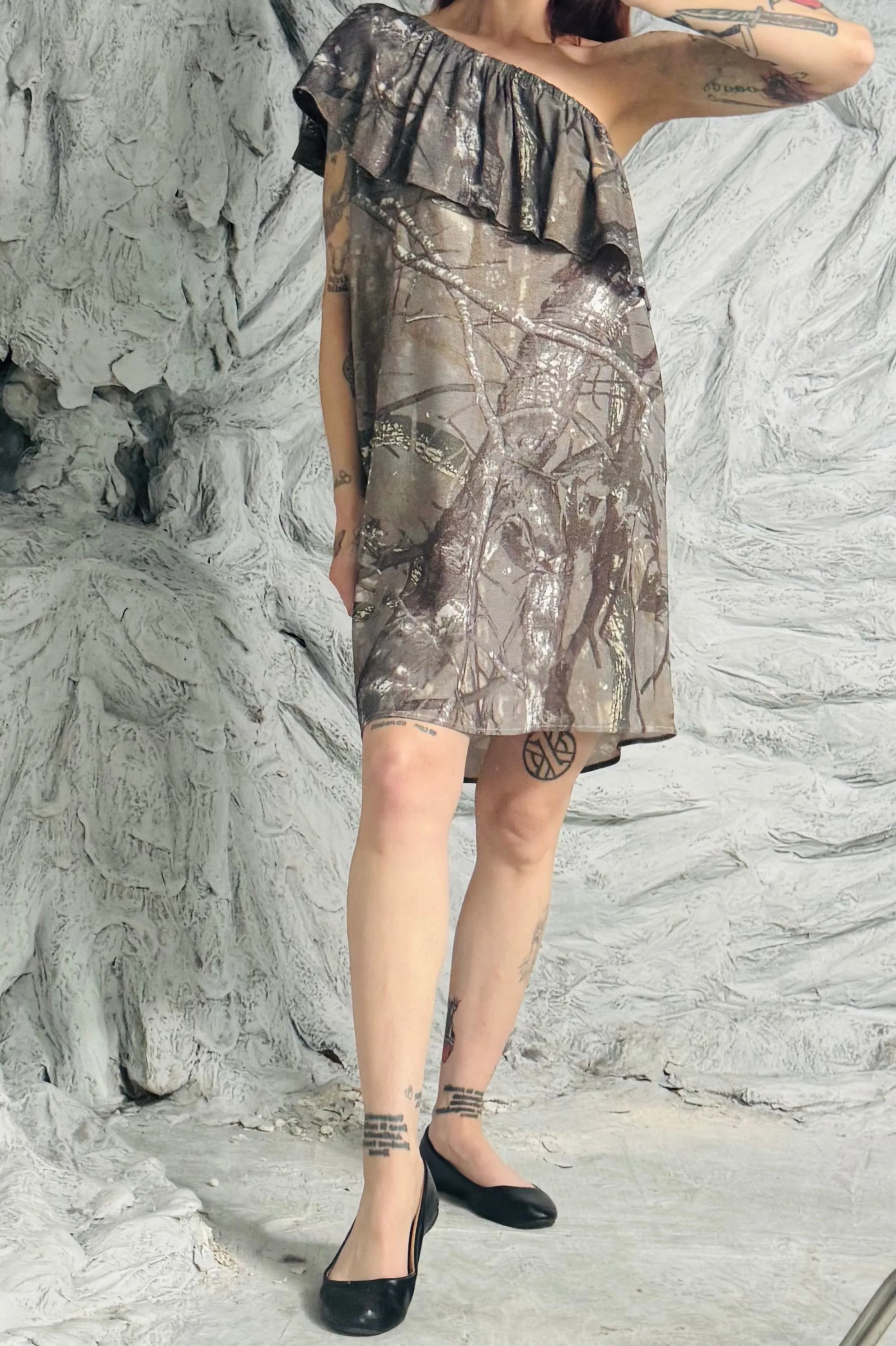 SAMPLE #73 - S Forest Camo Asymmetrical Linen Dress