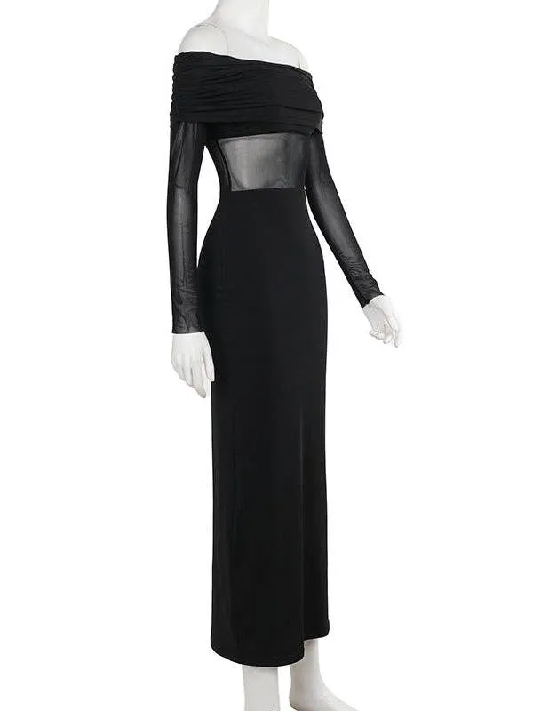 Skinny Pleated See-Through Off-The-Shoulder Evening Maxi Dress