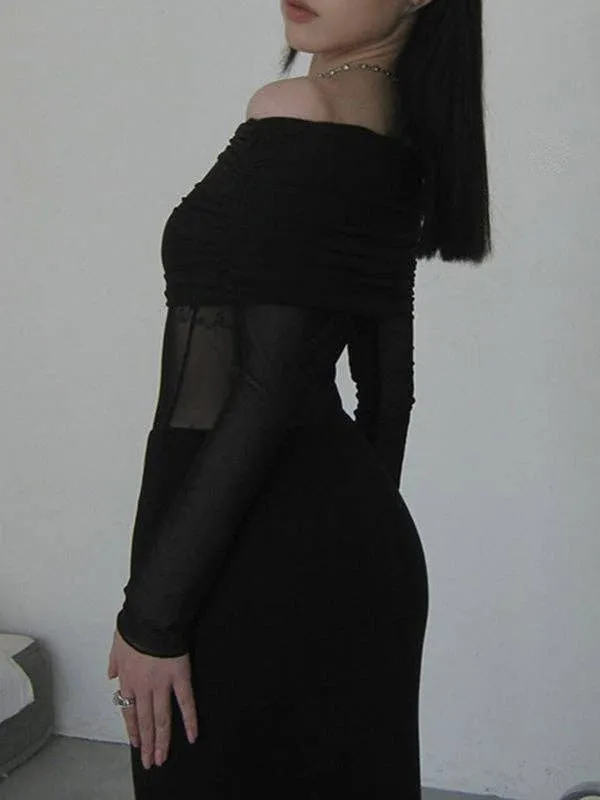 Skinny Pleated See-Through Off-The-Shoulder Evening Maxi Dress