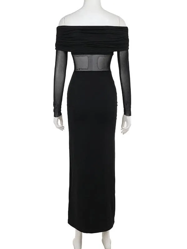 Skinny Pleated See-Through Off-The-Shoulder Evening Maxi Dress