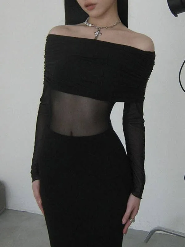 Skinny Pleated See-Through Off-The-Shoulder Evening Maxi Dress