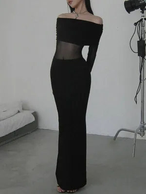 Skinny Pleated See-Through Off-The-Shoulder Evening Maxi Dress