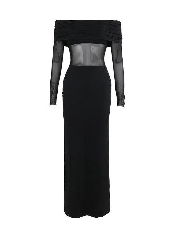 Skinny Pleated See-Through Off-The-Shoulder Evening Maxi Dress