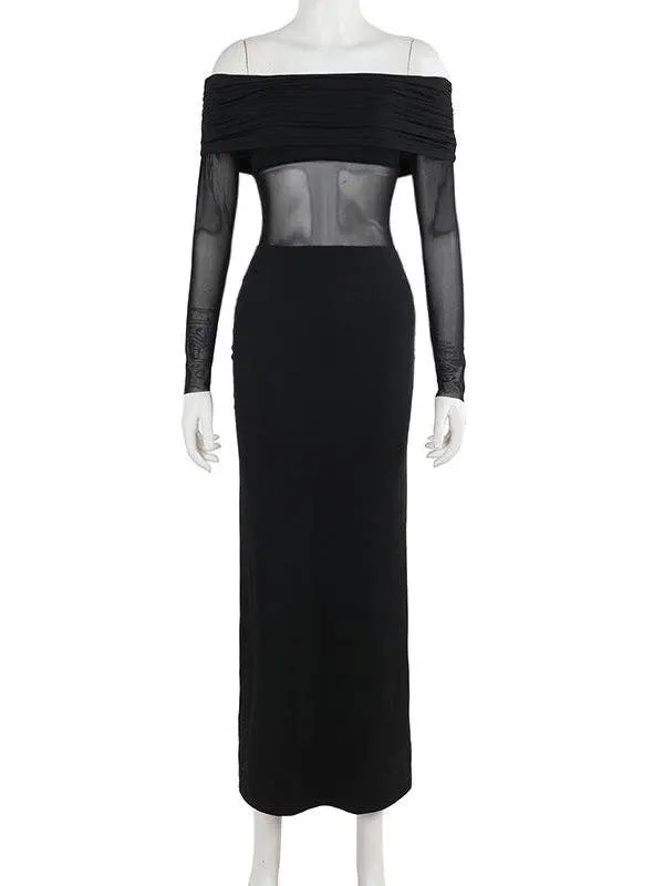 Skinny Pleated See-Through Off-The-Shoulder Evening Maxi Dress