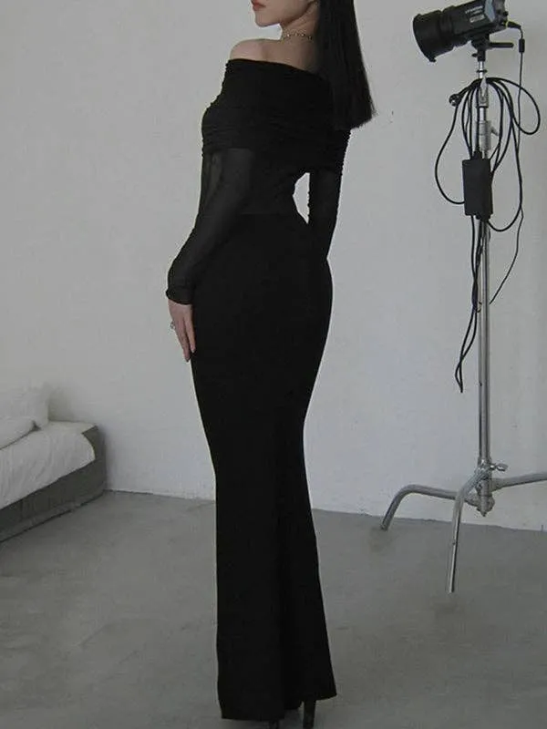 Skinny Pleated See-Through Off-The-Shoulder Evening Maxi Dress