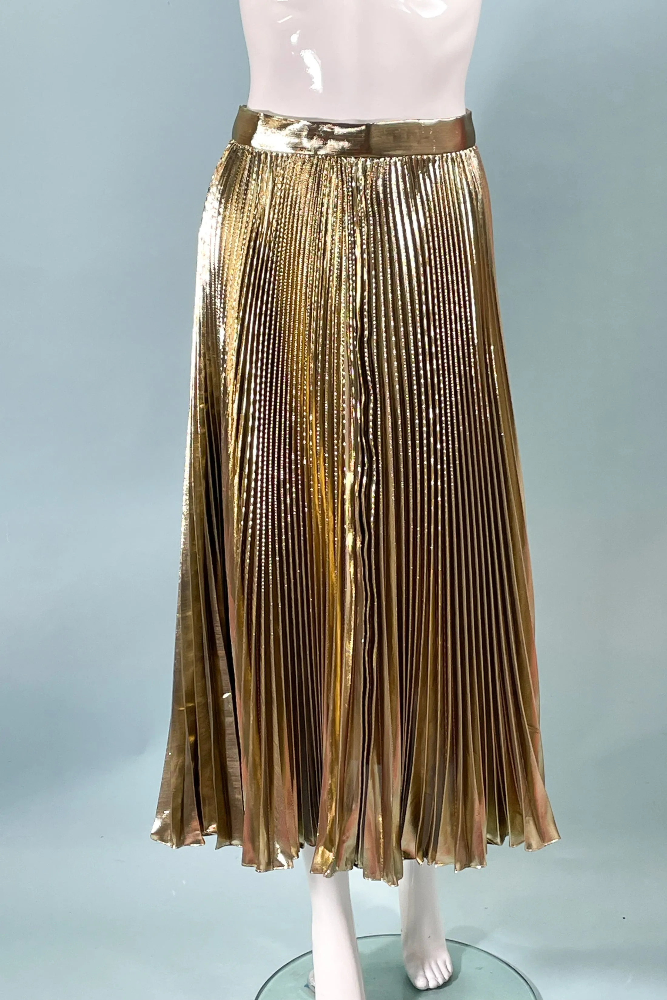 sold Vintage Gold Lame Pleated Midi Skirt, Deadstock   Tags, Partique SZ 8/26" W