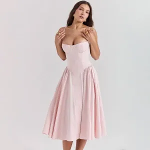 Spaghetti Strap Pleated Sleeveless Corset Midi Dress.