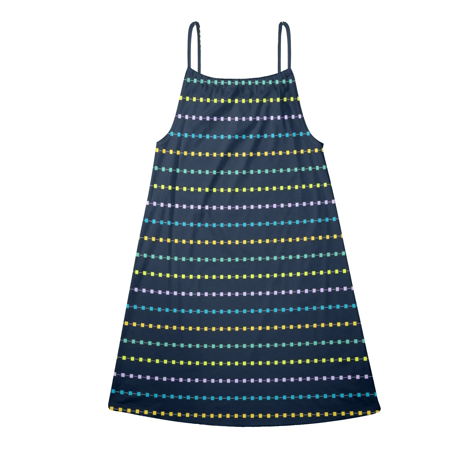square multicolored print 10 A Drawstring Neck Sleeveless Dress (Model D68)