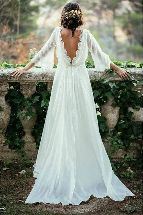 Summer Flowy Boho A-line V back Chiffon Long Sleeve Wedding Dress with Sleeves