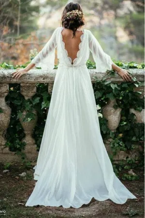 Summer Flowy Boho A-line V back Chiffon Long Sleeve Wedding Dress with Sleeves