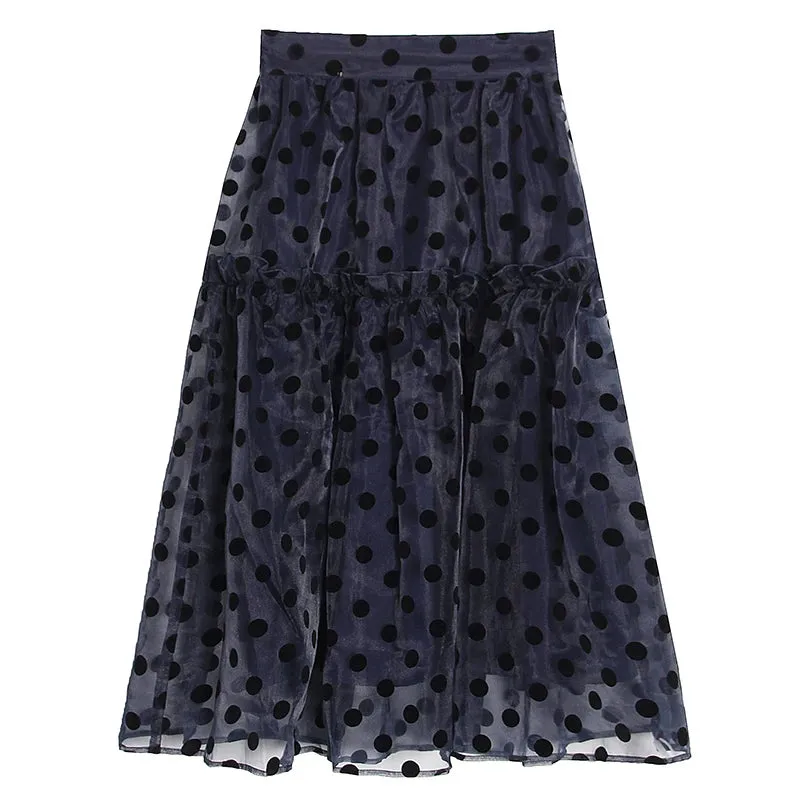 Sweet Dot Sheer Mesh Women's Clothing High Waist Patchwork Colorblock A Line Long Skirts Female Spring Stylish