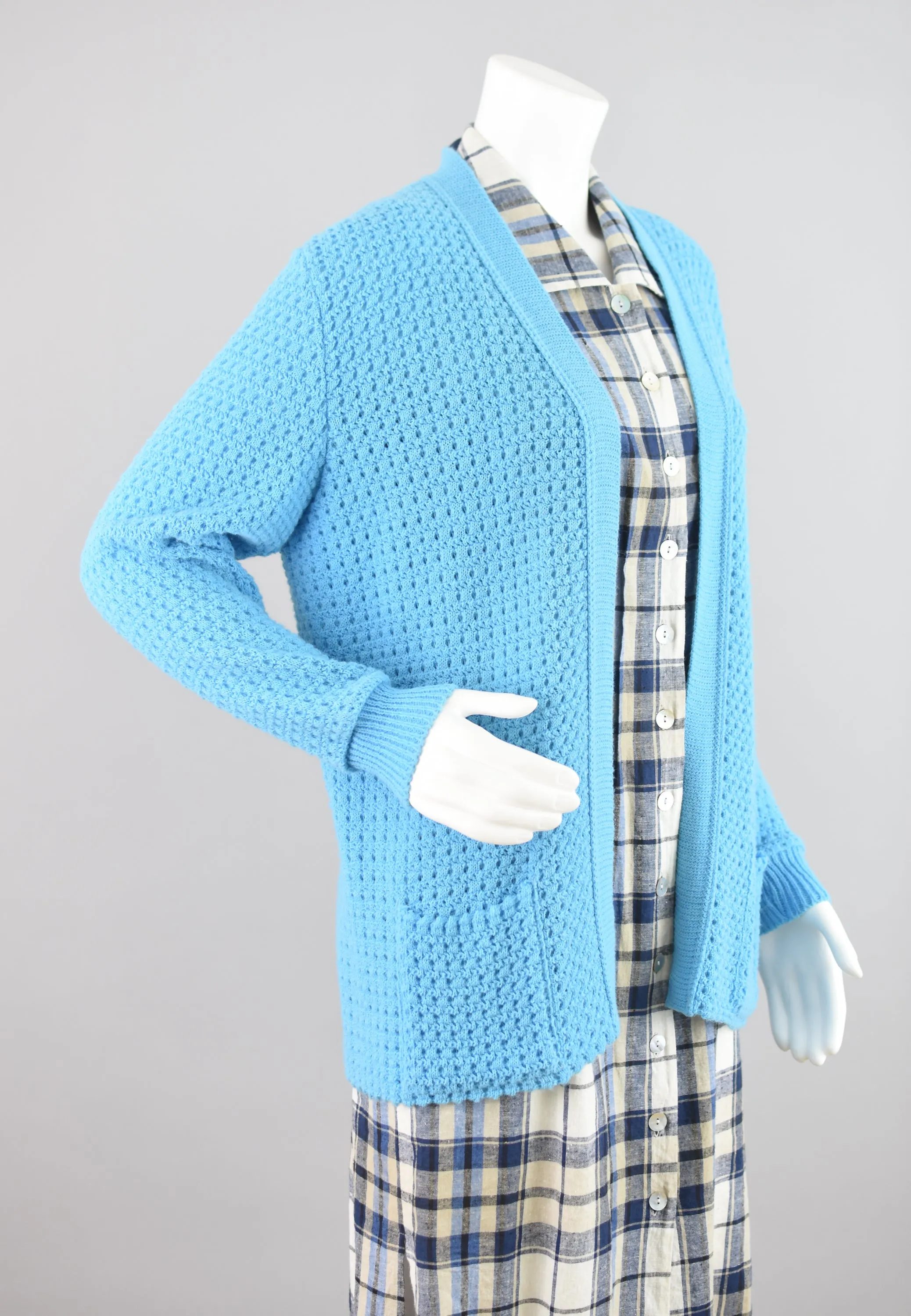 Vintage Blue Crochet Cardigan with Pockets, Women's Medium - Large