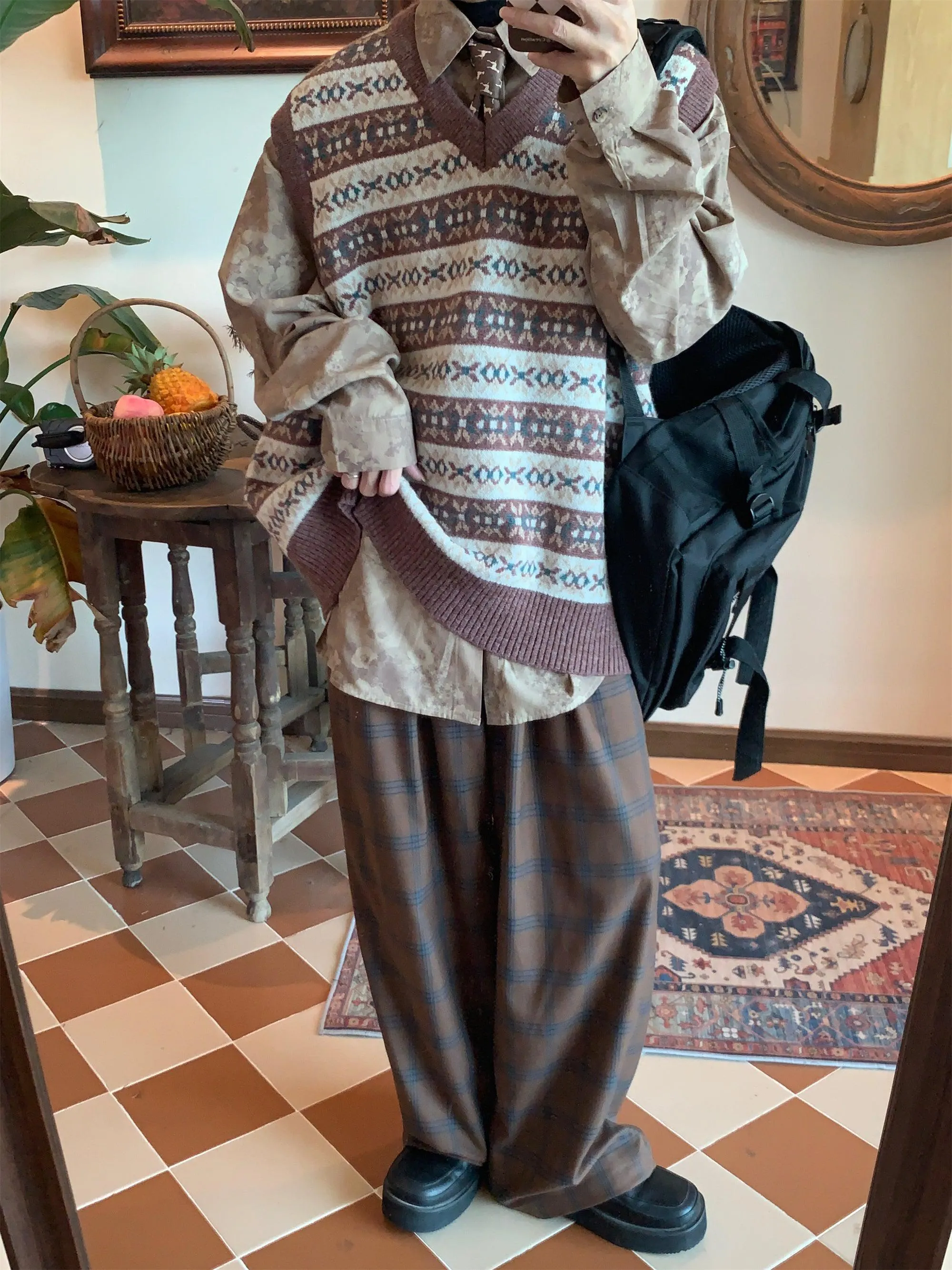 Vintage Plaid Wide Leg Pants