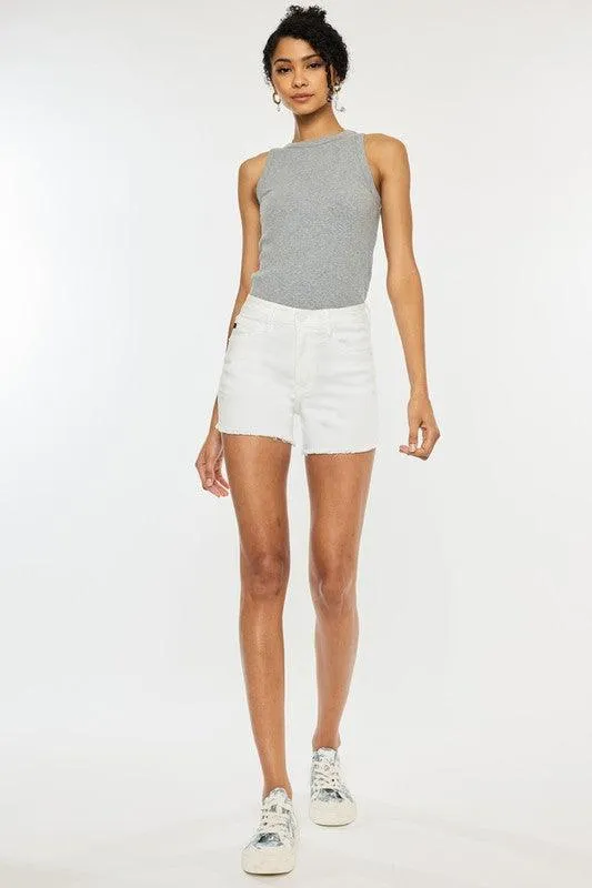 White High Rise Stretchy Frayed Hem Denim Shorts