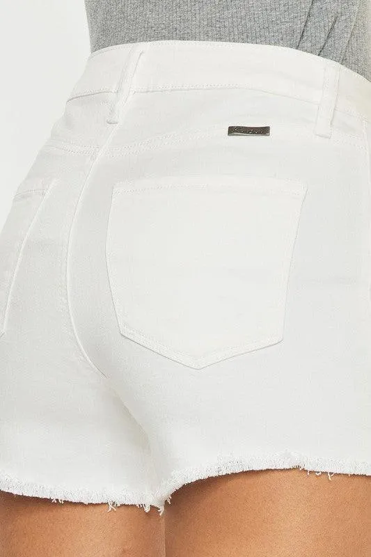 White High Rise Stretchy Frayed Hem Denim Shorts