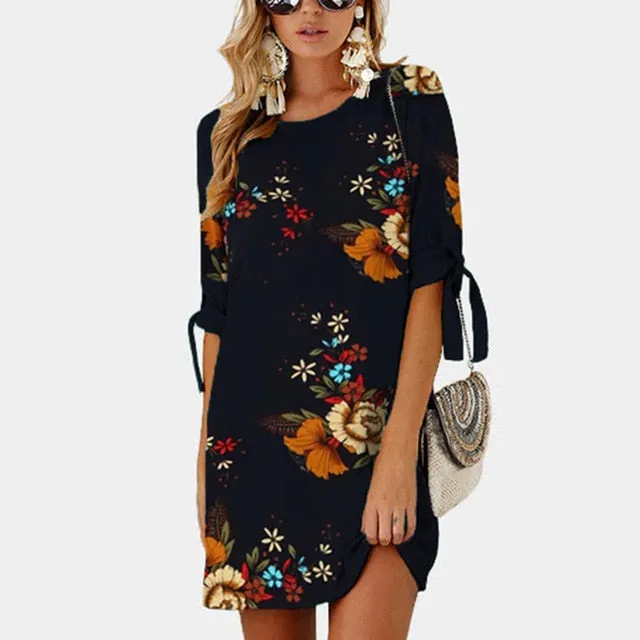 Women Boho Style Floral Print Chiffon Beach Dress Tunic Sundress Loose Mini Party Dress