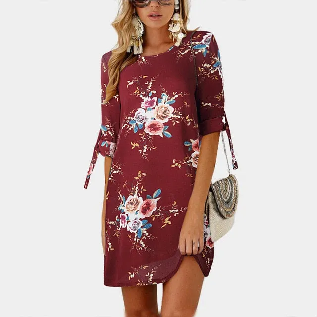 Women Boho Style Floral Print Chiffon Beach Dress Tunic Sundress Loose Mini Party Dress