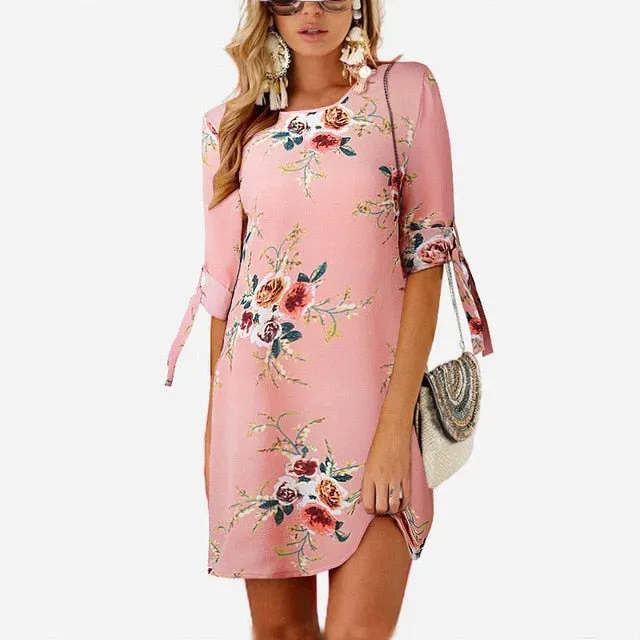 Women Boho Style Floral Print Chiffon Beach Dress Tunic Sundress Loose Mini Party Dress
