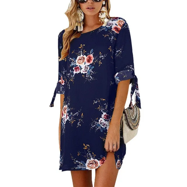 Women Boho Style Floral Print Chiffon Beach Dress Tunic Sundress Loose Mini Party Dress