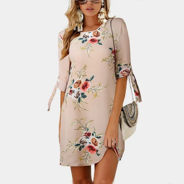 Women Boho Style Floral Print Chiffon Beach Dress Tunic Sundress Loose Mini Party Dress