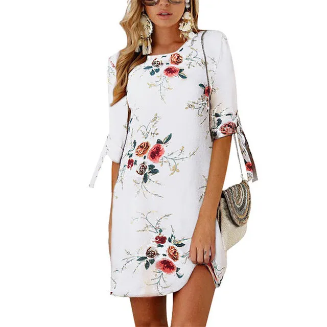 Women Boho Style Floral Print Chiffon Beach Dress Tunic Sundress Loose Mini Party Dress